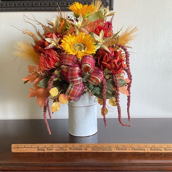Fall Faux Floral Bouquet in White Jar With Sunflowers/Peonies - Picture 8 of 13